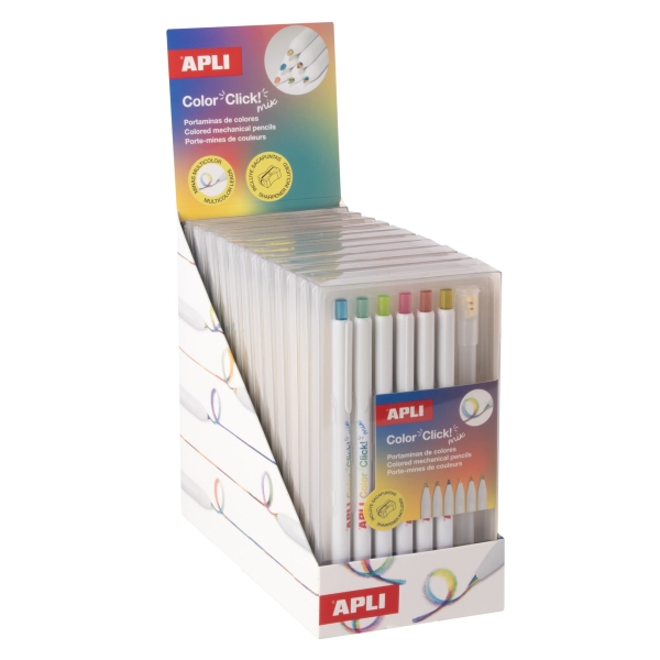 Apli Color Clik Mix Expositor con 12 Packs de 6 Portaminas con Minas Multicolor 3mm + 1 Sacapuntas - Forma Redonda - Colores Surtidos
