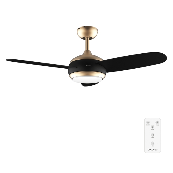 Cecotec EnergySilence Aero 4265 GoldBlack Ventilador de Techo con 3 Aspas y Luz Integrada - 65W - Diametro de 42" - LED de 18W - Mando a Distancia - Temporizador - 3 Velocidades - Color Dora