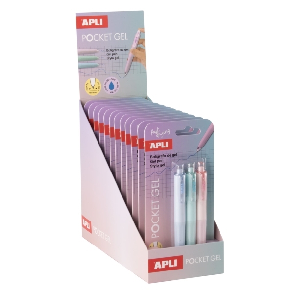Apli Pocket Gel Expositor con 12 Blisters de 3 Mini Boligrafos de Tinta Gel Retractiles - Tinta Color Azul - Cuerpo de Diferentes Colores Pastel