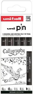 Uni-ball Uni Pin Caligrafia Pack de 5 Rotuladores Calibrados 0.1, 0.5, Chisel 1.0, Chisel 2.0 y Chisel 3.0 - Tinta Pigmentada Resistente al Agua y Luz - Ideal para Dibujo Profesional y Escri