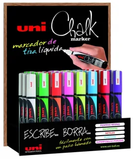 Uni-ball Chalk PWE-5M Expositor de 36 Marcadores de Tiza Liquida - Punta Conica 1.8-2.5mm - Borrado en Humedo - Resistente a la Lluvia - Colores Surtidos