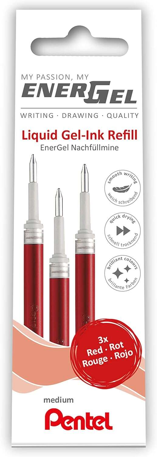 Pentel EnerGel X Pack de 3 Recambios para BL57, BL77, BL107, BL117, BL407, BL2007, BL2507 - Color Rojo · Pack de 12 uds.