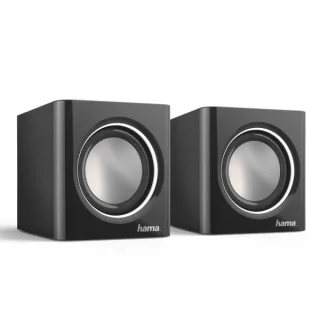Hama Altavoces de Sobremesa - Cable 7cm - Frecuencia hasta 20GHz - Jack 3.5mm - 7x7x7cm - Color Negro y Plata