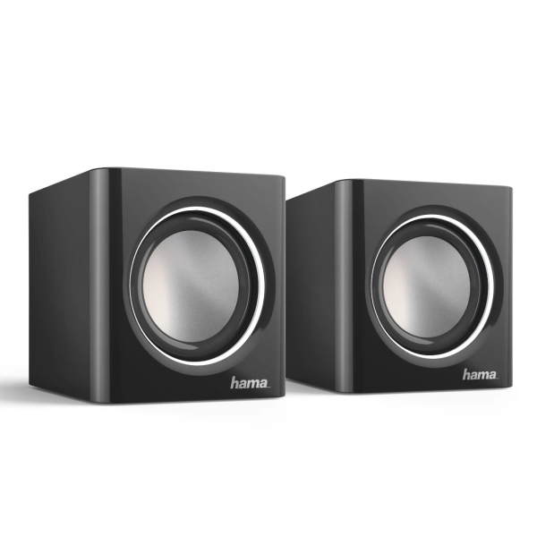 Hama Altavoces de Sobremesa - Cable 7cm - Frecuencia hasta 20GHz - Jack 3.5mm - 7x7x7cm - Color Negro y Plata