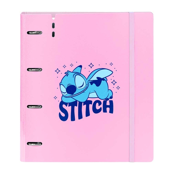 Safta Stitch Ohana Carpeta con 4 Anillas 35mm - Tapas de PP Foam - Recambio 100 Hojas - Cuadriculas 5x5mm - Cierre Elastico - Incluye Separadores - 270x40x320mm - Color Rosa