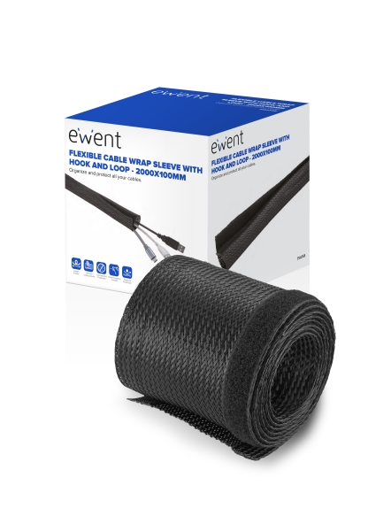Ewent Manguito Organizador de Cable Polyester - Cierre de Velcro - 2m - 100mm - Color Negro