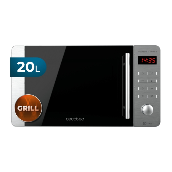 Cecotec ProClean 5110 Inox Microondas con Grill - 700W - Capacidad 20L - Pantalla LED - Acero Inoxidable - Seguro Infantil - Revestimiento Facil de Limpiar - 43.8x35.8x25.5cm - Color Negro y