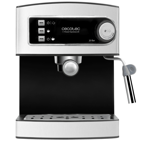 Cecotec Power Espresso Cafetera Espresso - 850W - 20Bar - Deposito 1.6L Extraible - Doble Salida - Vaporizador Orientable - Calienta Tazas - Acabados en Acero Inoxidable - Color Negro y Plat