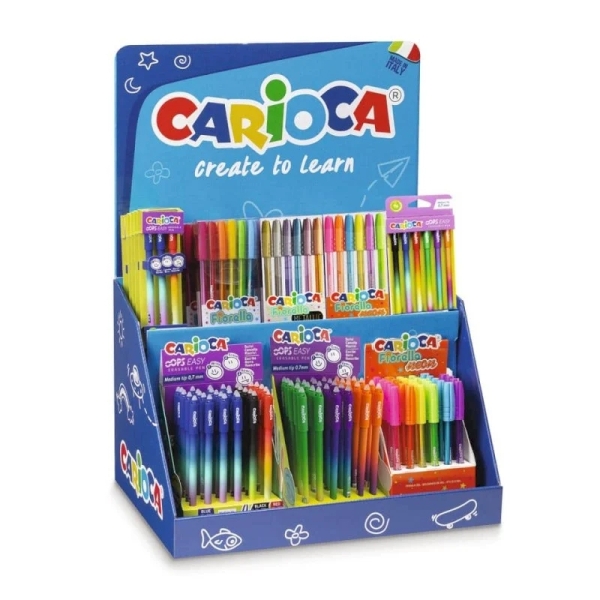 Carioca Expositor Fiorella Incluye 5 OOPS Easy Blister de 3uds Blue Red, 7 OOPS Easy Blister de 6uds, 7 Fiorella Metallic de 6uds, 7 Fiorella Neon de 6uds, 7 Fiorella Blister de 6uds, 1 Oops