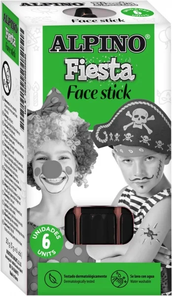 Alpino Fiesta Face Stick Pack con 6 Barritas de Pintura Facial - Sistema Retractil Giratorio - Se Lava con Agua - Testado Dermatologicamente - Color Negro