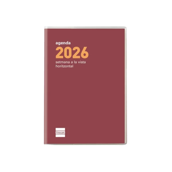 Finocam Coctel Agenda Plana en Catalan - Anual 2026 - Formato Pl3 - 85x6x6mm - Semana Vista Horizontal - Color Burdeos