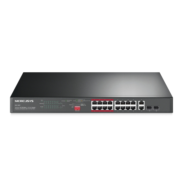 Mercusys MS118CP Swtich 18 Puertos RJ45 - 16 Puertos 10/100Mbps PoE+ - 2 Puertos Gigabit - Hasta 250 Metros de Alcance - Color Negro
