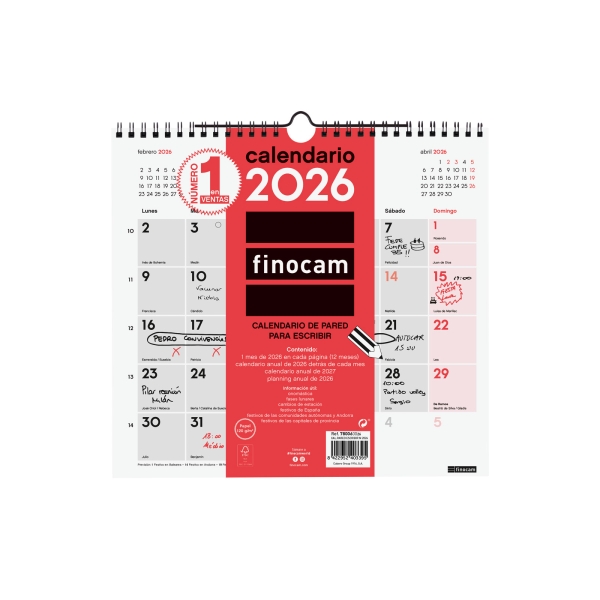 Finocam Calendario de Pared - Anual 2026 - Formato M - 265x5x255mm - Espacio para Escribir - Color Blanco y Rojo