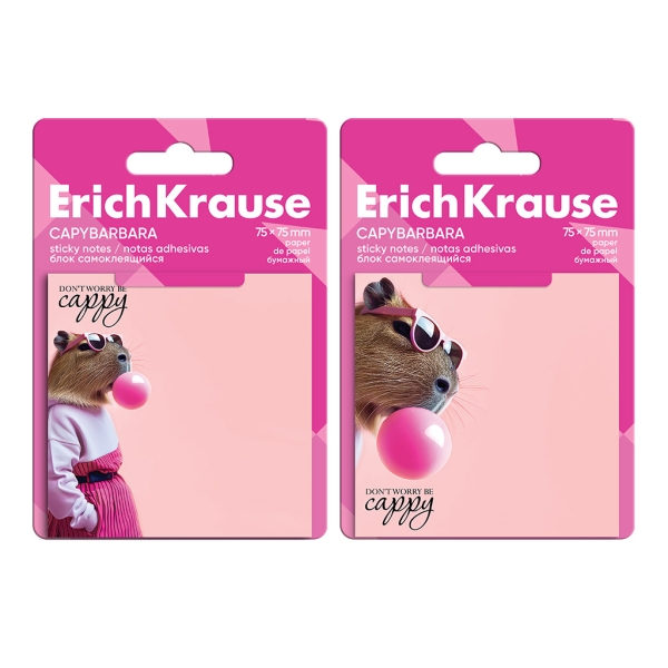 ErichKrause CapyBarbara Bloc de 50 Notas Adhesivas Reposicionables - Papel de 75g/m2 - 75x75mm - Pegamento a Base de Agua - Color Rosa
