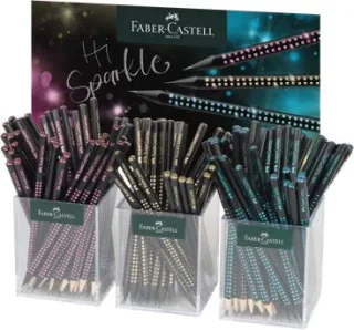 Faber-Castell Sparkle Medianoche Expositor con 144 Lapices Triangulares de Grafito B - Mina Resistente a la Rotura - Con Boton de Purpurina Rosa, Oceano y Dorado