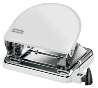 Petrus 52 WOW Taladro Perforador Clasico Metalico - Hasta 20 Hojas - Marcas de Formato - Facil Vaciado - Punzones 5.5mm - Color Blanco Metalizado