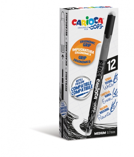Carioca Oops Boligrafo Borrable - Tinta Termo Sensible - Empuñadura Ergonomica Triangular - Punta de Ø 0.7mm - Doble Goma - Color Negro · Pack de 12 uds.