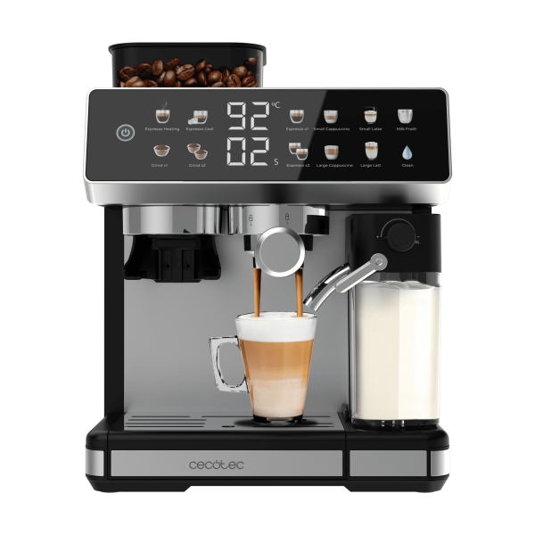 Cecotec Power Espresso 20 Barista Grind and Latte Cafetera Espresso - 1350W - Molinillo Conico Ajustable - Deposito Leche 500ml - Pantalla Tactil - 20Bar - Deposito Agua 2.6L - Autolimpieza