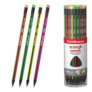 ErichKrause VIVO Lapiz de Grafito con Goma de Borrar - Mina HB - Cuerpo Triangular - Facil Afilado - Agarre Ergonomico - Colores Surtidos · Pack de 42 uds.