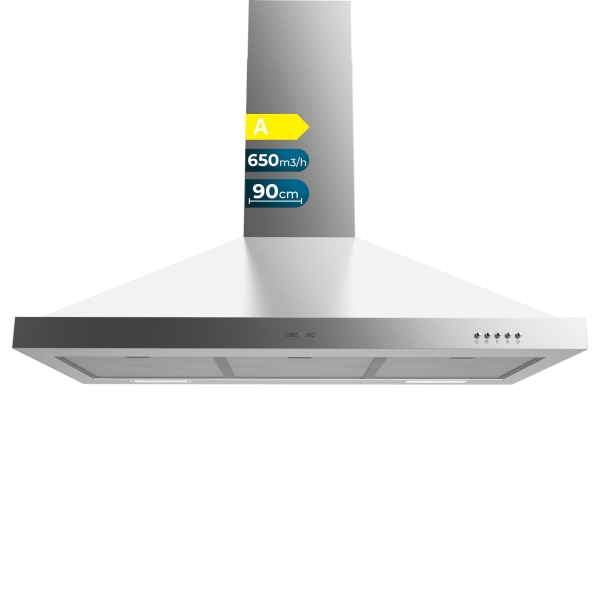 Cecotec Bolero Flux PM 906500 Inox A Campana Extractora de 90cm - 165W - Succion 650m3/h - Luz LED - Incluye Accesorios - Acero Inoxidable - Kit de Montaje - Filtros de Carbono Incluidos - C