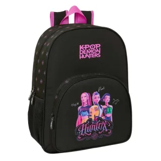 Safta K-Pop Demon Hunters Mochila - Adaptable a Carro - Bolsillo Frontal - Portabotellas - Cremallera con Doble Tirador - Asa de Mano - Hombreras y Espalda Acolchada - 33x42x14cm - Color Neg