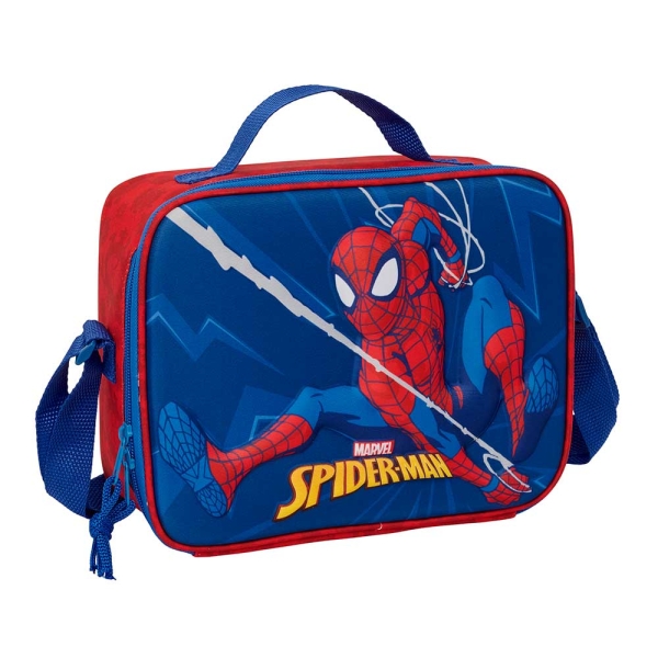 Safta Spider-Man Bolsa Isotermica Porta Alimentos - Frontal 3D - Cremallera - Bandolera Ajustable - Asa de Mano - 25x19.5x9cm - Color Rojo y Azul