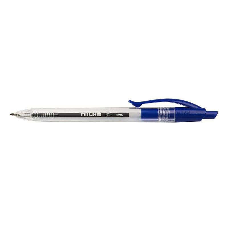 Milan P1 Boligrafo de Bola Retractil - Punta Redonda 1mm - Cuerpo Transparente - Color Azul · Pack de 25 uds.