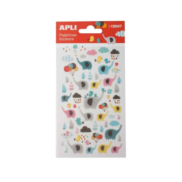 Apli Bolsa de Pegatinas de Elefantes - Acabado Epoxy - Adhesivo Permanente - Ideal para Scrapbooking y Decoracion - Fomenta Creatividad y Psicomotricidad Infantil