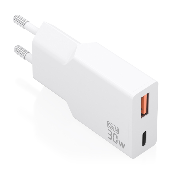 Aisens Cargador de Pared - 30W - GaN - 1xUSB-C - 1xUSB-A - Power Delivery 3.0 - Ultra Delgado - Multiples Protecciones de Seguridad - Color Blanco
