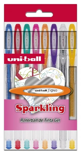 Uni-ball UM-120 SP Signo Sparkling Pack de 8 Boligrafos de Tinta Gel - Punta de Bola 1mm - Tinta Pigmentada Resistente al Agua y Luz - Colores Efecto Purpurina Surtidos