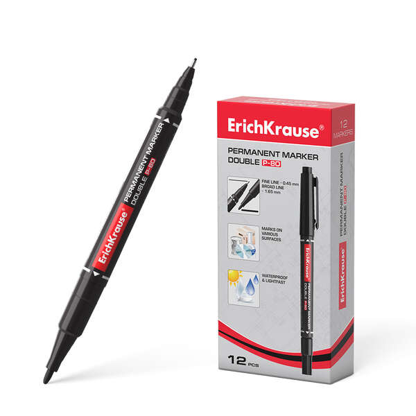 Erichkrause Double P-80 Marcador Permanente Doble Punta - Punta Bala de 1,65mm, Punta Fina de 0,45mm - Tinta a Base de Alcohol Resistente al Agua y a los Rayos UV - Color Negro · Pack de 12