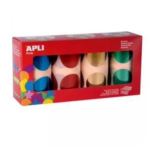 Apli Pack de 4 Rollos de Gomets Redondos Ø 45mm - 354 Gomets por Rollo - Adhesivo Permanente - 1416 Gomets en Total - Ideales para Escuelas Infantiles - Colores Metalizados Azul, Rojo, Amari