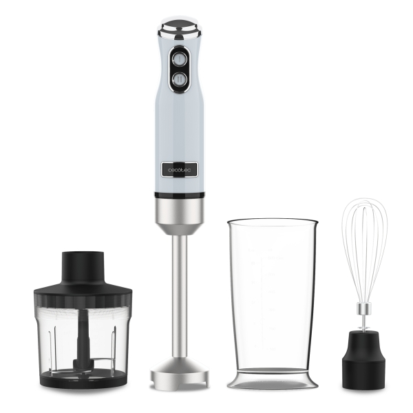 Cecotec Power RetroBlue 1200Max Cream and Crush Batidora de Mano - 1200W - Vaso de 0.5L - Accesorios Multifuncion - Campana Antisalpicadura - 4 Hojas Recubiertas de Titanio - Color Azul Clar