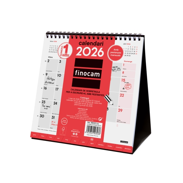 Finocam Calendario de Sobremesa en Catalan - Anual 2026 - Meses en Solapa - 190x70x205mm - Espacio para Escribir - Color Blanco y Rojo