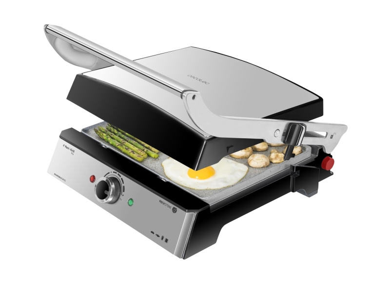 Cecotec Rock'nGrill Pro Parrilla Electrica - 2000W - Antiadherente - Placas Extraibles y Reversibles - Apertura 180º - Libre de PTFE y PFOA - Pinza - Base Antideslizante - 34x23cm - Acero In