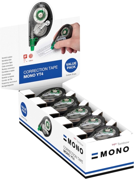 Tombow Mono YT Expositor con 20 Cintas Correctoras - 4.2mm x 10m - PET Resistente al Desgarro - Secado Inmediato - Color Transparente