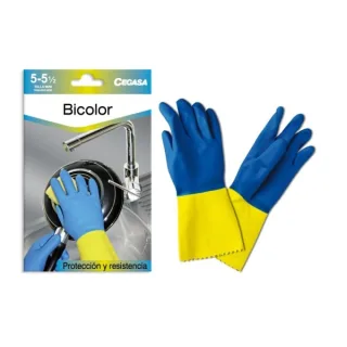 Cegasa Guantes de Latex Talla Mini 5-5 1/2 - Flocados - Uso General, Domestico, Limpieza, Industria Quimica - Espesor en Palma de 0,6mm - Color Azul/Amarillo