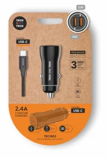 TechOneTech Cargador Doble de Coche + Cable USB-A a USB-C - Alto Rendimiento - Color Negro