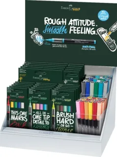 Faber-Castell Multimark Acrylic Brush Expositor con 25 Packs Surtidos de Rotuladores Acrilicos Punta Pincel + 70 Unidades Sueltas - Trazo de 1 a 6mm - Tinta Acrilica a Base de Agua - Colores