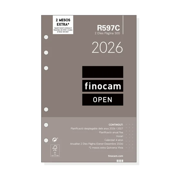 Finocam R597C Recambio Anual 2026 para Agendas Open 2026 en Catalan - Formato 500 - 117x11x181mm - 2 Dias por Pagina - Color Blanco