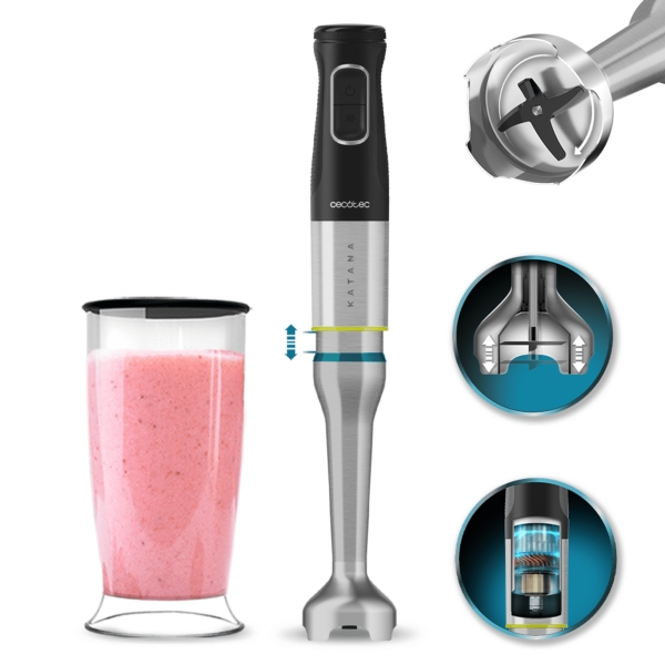 Cecotec Katana 15 Jar Batidora de Mano - Potencia de 1500W - Funcion Oscilante - Cuchillas de Titanio - 21 Velocidades - Campana Antisalpicaduras - Vaso 800ml BPA - Funcion Turbo - Color Neg