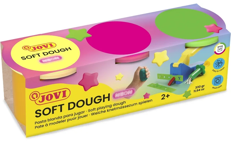 Jovi Soft Dough Blandiver Pack de 3 Botes 110gr - Blanda y Flexible - Facil de Amasar y Moldear - Ideal para Iniciacion al Modelaje - Colores Neon Surtidos