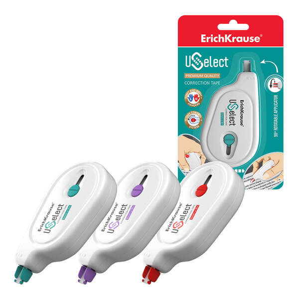 Erichkrause Cinta Correctora Uselect - Adecuada para Uso Ambidiestro - Aplicador Giratorio - Control de Cinta - Secado Inmediato - Color/Diseño Variado · Pack de 24 uds.