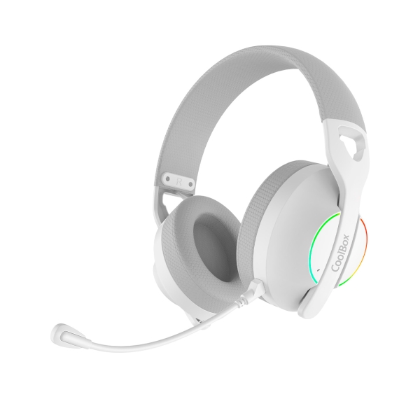 Coolbox WB01 Auriculares Gaming Inalambricos con Microfono - Conectividad Bluetooth 5.4, Inalmabrica 2.4Ghz o Jack - Iluminacion RGB - Autonomia hasta 20h - Cancelacion de Ruido - Color Blanco