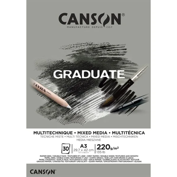 Canson Graduate Mix Media Bloc Encolado de 30 Hojas A3 - 220g - Grano Fino - Color Gris