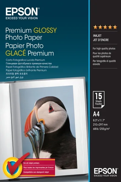Epson Premium Glossy Photo Pack de 15 Hojas de Papel Fotografico - A4 - Gramaje de 255g/m2 - Acabado Brillante - Compatible con Impresoras Inkjet - Color Blanco