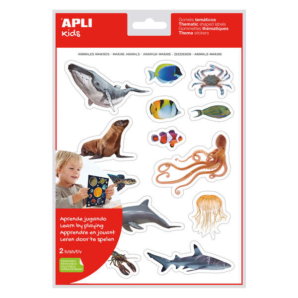 Apli Gomets Tematicos Realistas Animales Marinos - 30 Gomets Tematicos por Bolsa - Imagenes Realistas de Animales Marinos - Adhesivo Removible - Color a Todo Color en Impresion Digital - Col