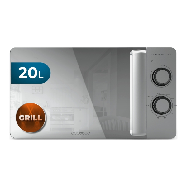 Cecotec Proclean 3160 Flatbed Mirror Microondas sin Plato - Potencia de 700W - Capacidad 20L - Grill 800W - Revestimiento Ceramico - Puerta de Espejo - Temporizador 30min - Acero Inoxidable