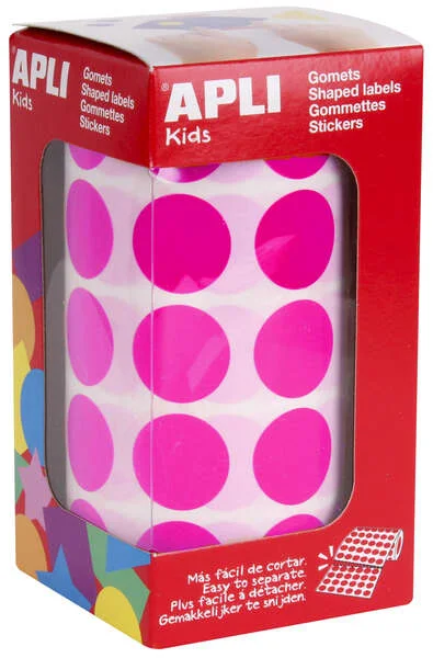 Apli Gomets Redondos Fucsia Ø 20mm - 59 Hojas Pretroqueladas - 1770 Gomets por Rollo - Ideal para Escuelas y Talleres Infantiles - Cumple Normas EN-71 y FSC