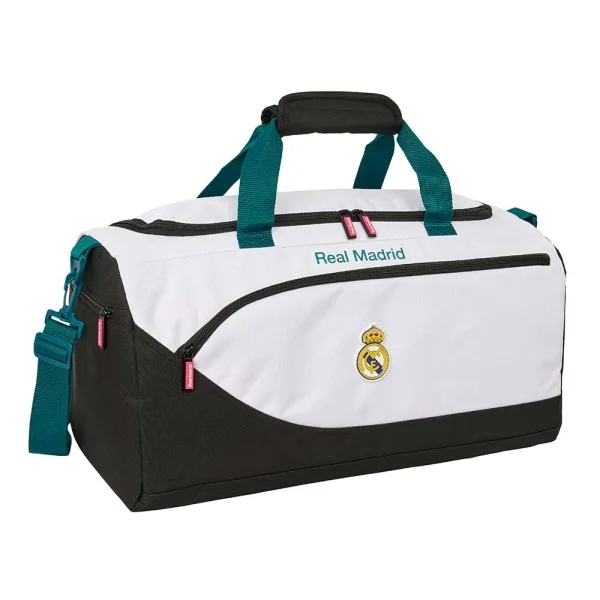 Safta Real Madrid Equipacion 26/27 Bolsa de Deporte - Bandolera Ajustable - Bolsillos Laterales y Frontal - Fondo Semirigido - Cremallera con Doble Tirador - 50x25x25cm - Color Blanco y Negro